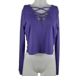 Venus Purple Ribbed Criss Cross Neck Long Sleeve Top Large